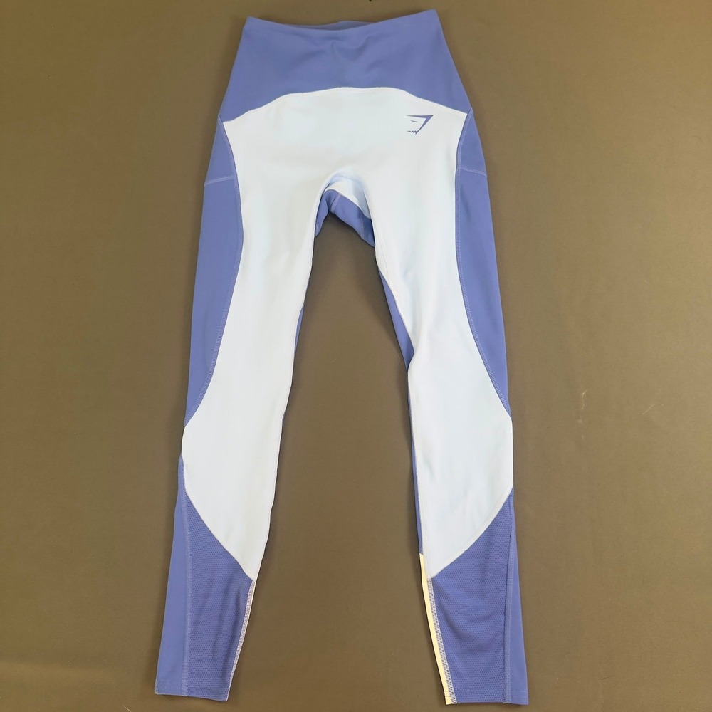 Gymshark Cropped White Colorblock Athletic Leggings Periwinkle Blue XS